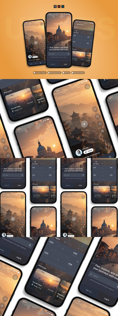 旅行指南 - 移动应用APP UI KIT (AI,EPS,PSD,FIG)