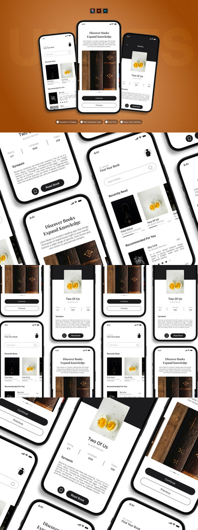 书籍库 - 移动应用APP UI KIT (AI,EPS,PSD,FIG)