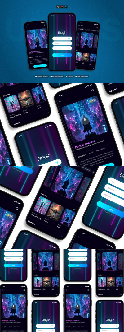 电影预订 - 移动应用APP UI KIT (AI,EPS,PSD,FIG)