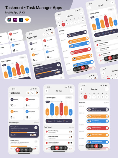 任务管理器应用APP UI KIT (FIG,PSD,SKETCH,XD)
