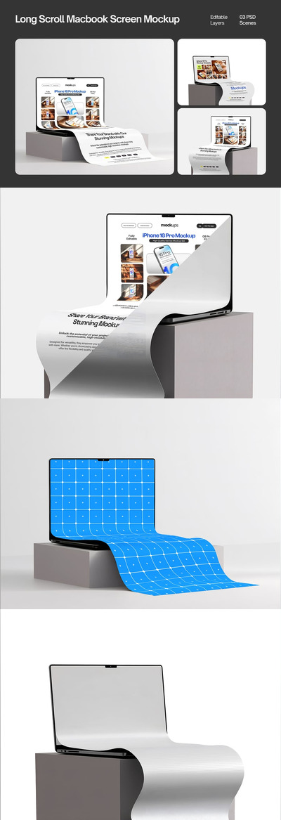 长卷轴扩展笔记本电脑屏幕模型集样机 (PSD)