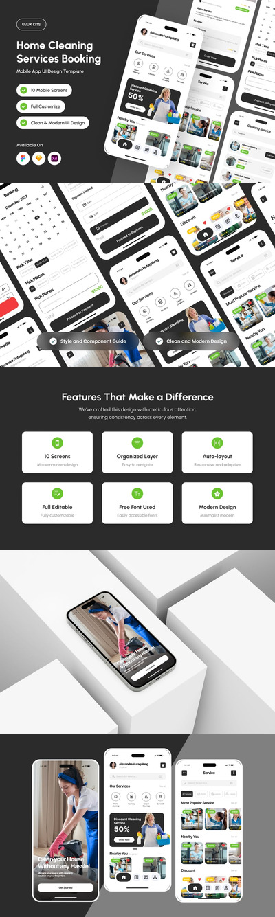 家庭清洁服务预订移动应用APP UI KIT (FIG,SKETCH,XD)