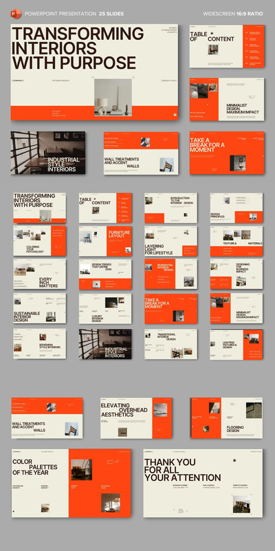 米色橙色室内设计演示PPT模板 (PPTX,PPT)