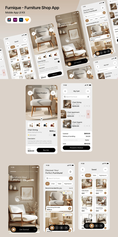 家具店应用APP UI KIT (FIG,PSD,SKETCH,XD)