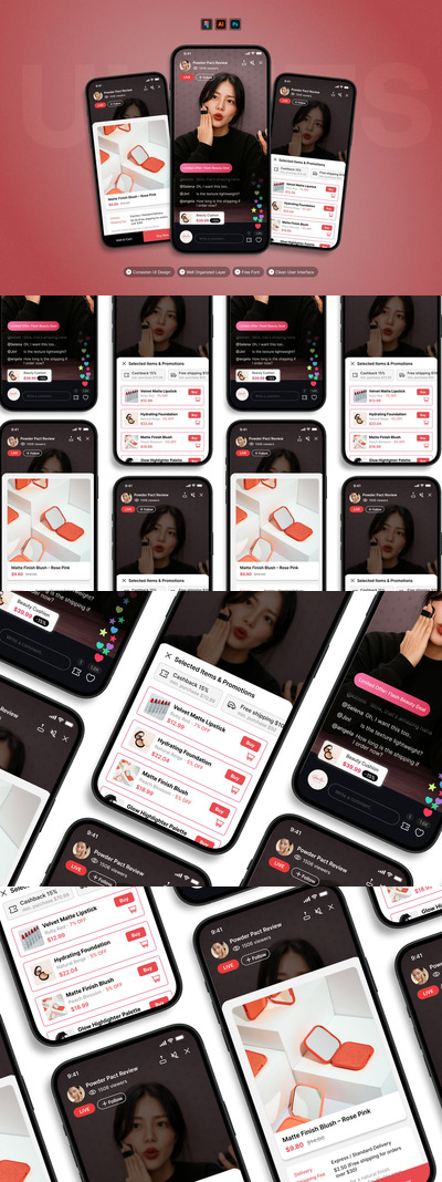 直播电商移动应用APP UI KIT (AI,EPS,PSD,FIG)