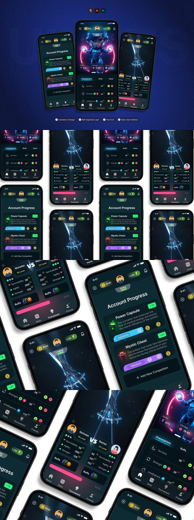 战斗游戏 - 移动应用APP UI KIT (AI,EPS,PSD,FIG)