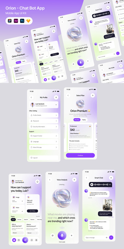 AI聊天助理应用APP UI KIT (FIG,PSD,SKETCH,XD)