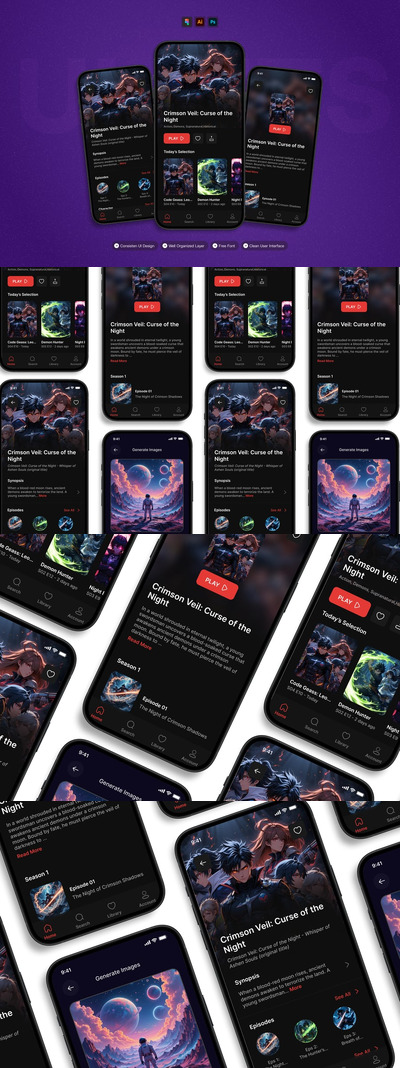 动漫流媒体 - 移动应用程序 UI 套件