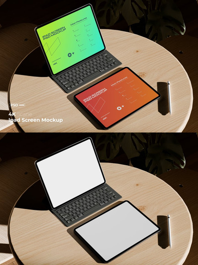 木桌上的 iPad 屏幕模型