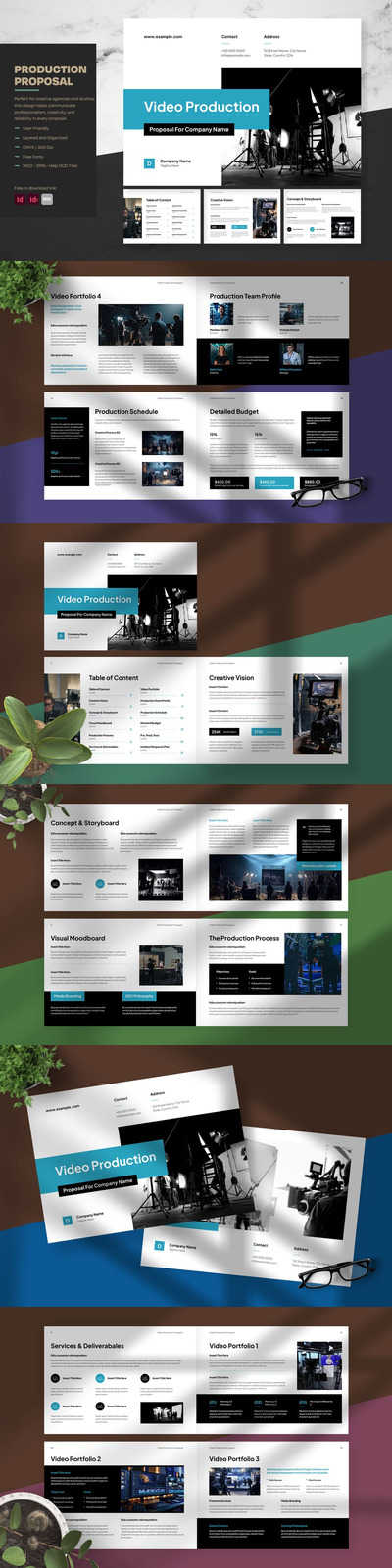 简洁的视频制作提案，带有青绿色调