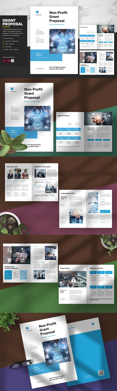 简洁的非营利性拨款提案，带有蓝色点缀