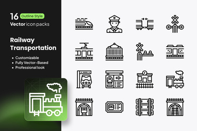 铁路运输图标 – 16 个矢量轮廓