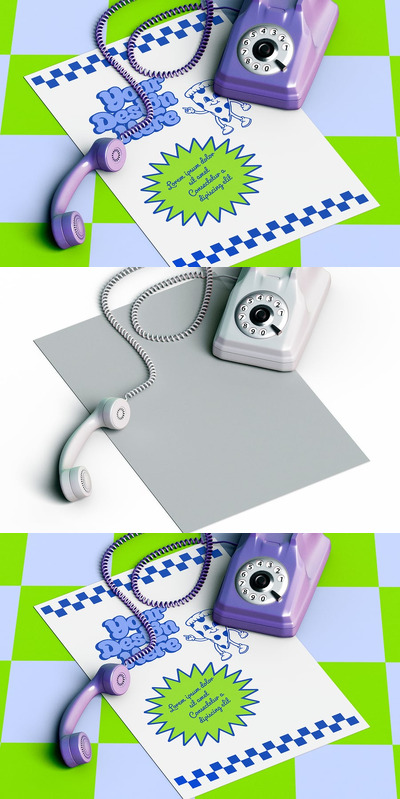 复古海报样机，配有复古电话