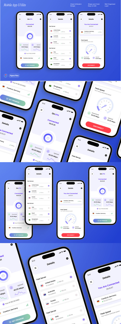 网络速度分析器和 VPN – 移动应用 UI 套件