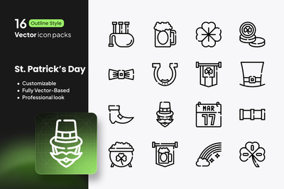 圣帕特里克节图标 – 16 个矢量轮廓