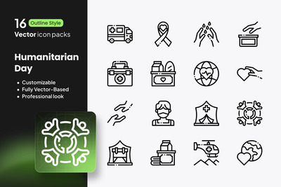 人道主义日图标 – 16 个矢量轮廓