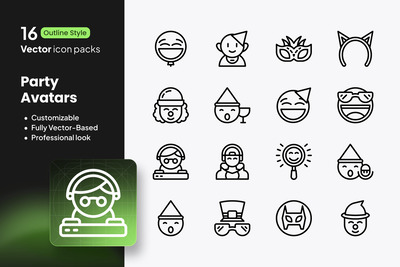 派对头像图标 – 16 个矢量轮廓