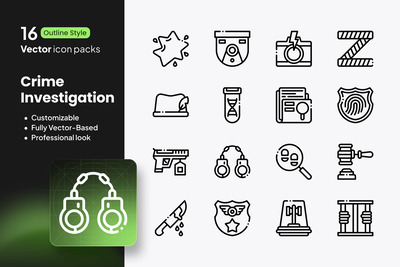 犯罪调查图标 – 16 个轮廓