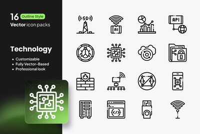 科技图标 – 16 个矢量轮廓