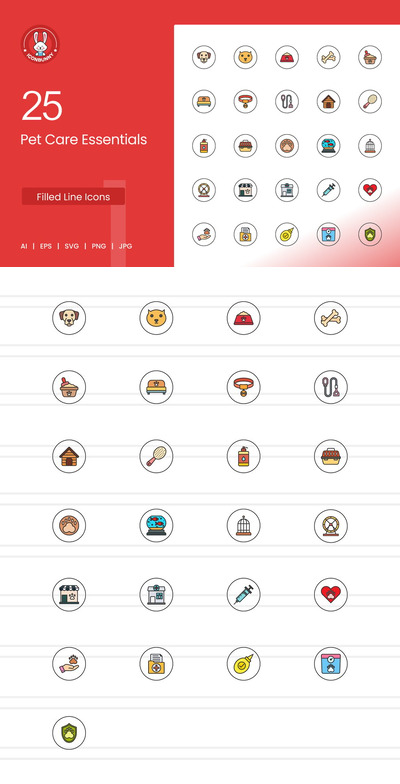 25 种宠物护理必备用品实线图标