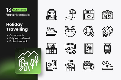假日旅行图标 – 16 个轮廓