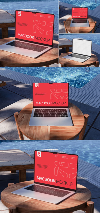 泳池边的 Macbook 模型