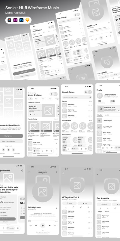 Sonic – 高保真线框图音乐 UI UX 套件