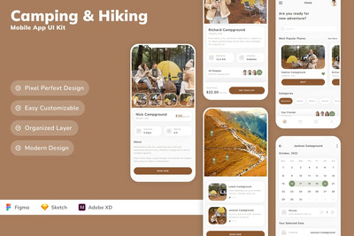 露营和徒步旅行移动应用 UI 套件
