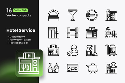 酒店服务图标 – 16 个矢量轮廓