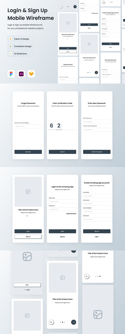 登录和注册 移动线框图套件