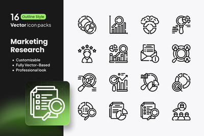 市场调研图标 – 16 个矢量轮廓
