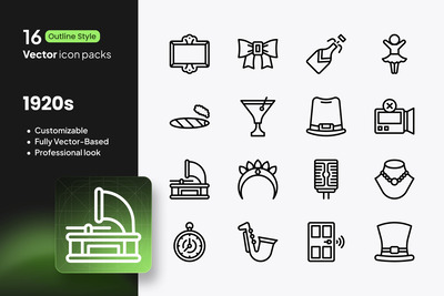 1920 年代图标 – 16 个矢量轮廓