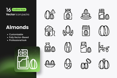 杏仁图标 – 16 个矢量轮廓