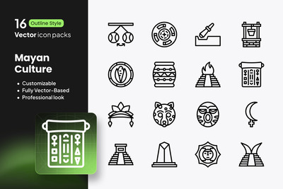 玛雅文化图标 – 16 个矢量轮廓