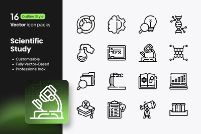 科学研究图标 – 16 个矢量轮廓
