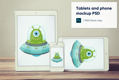 木质背景上的平板电脑和手机模型 PSD