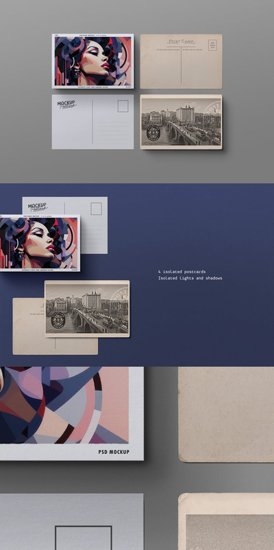 明信片样机套装 – 4 张独立卡片