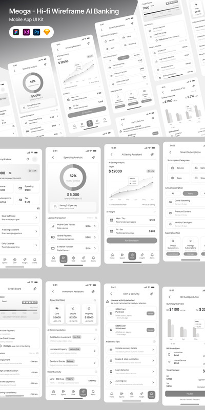 Meoga – AI 银行线框图 UI UX 套件
