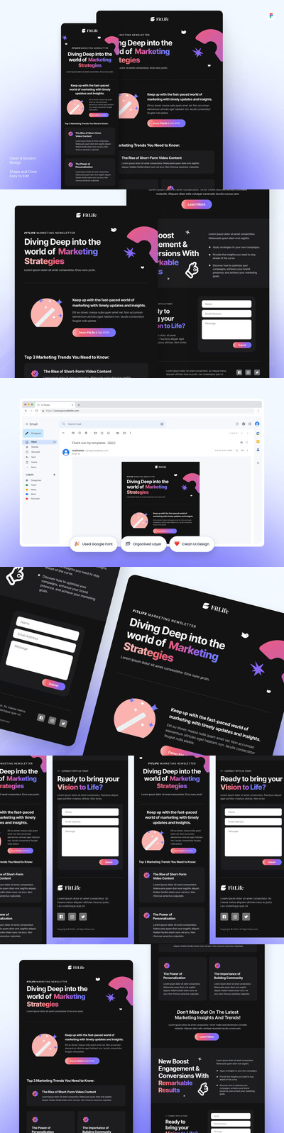 FitLife – 深色模式营销电子邮件简讯用户界面