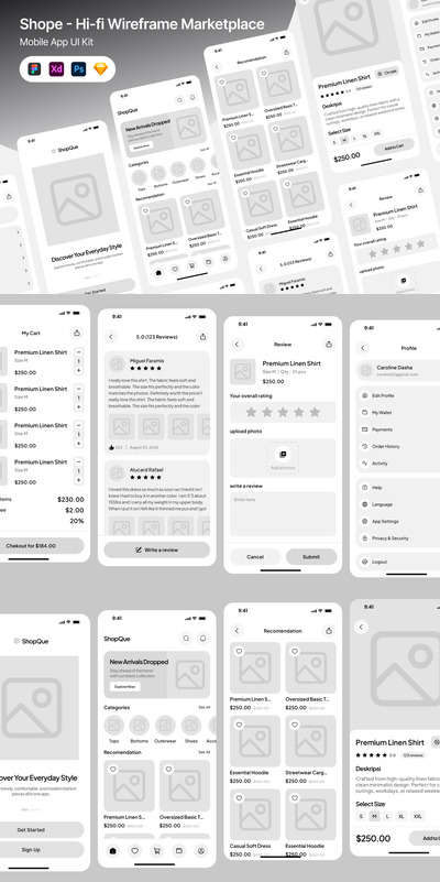 Shope – 高保真线框图市场 UI 套件