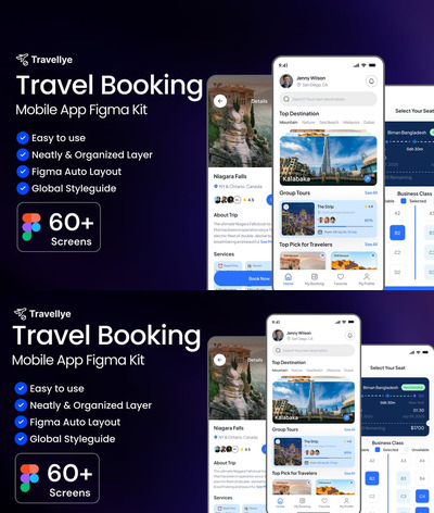 Travellye 旅行预订移动应用 Figma 套件